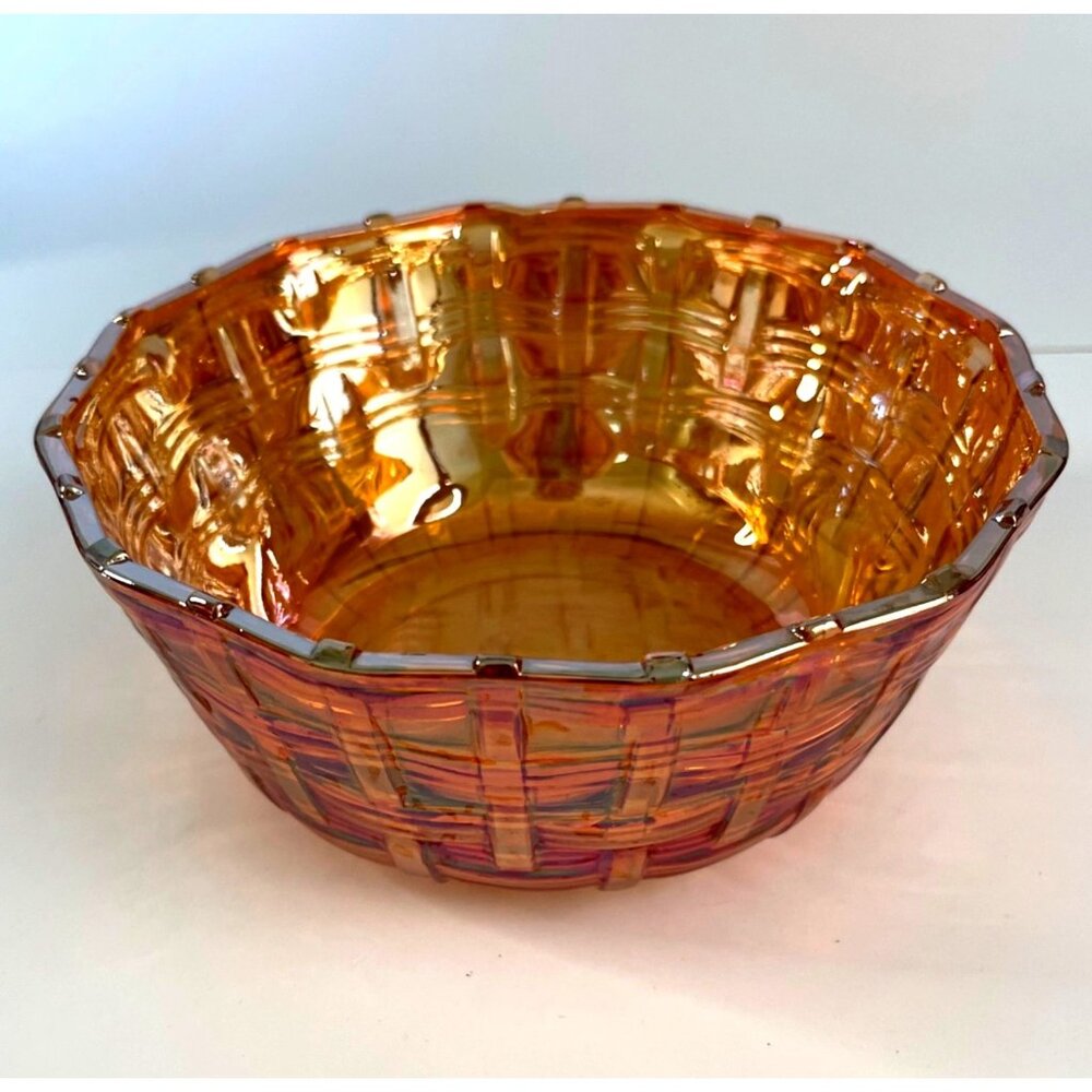 Vintage Carnival Glass Bowl Dugan Basket Weave Marigold Iridescent circa 1910